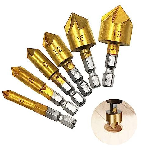 6Pcs Hss Countersink Drill Bit Set with 5 Flute 82 Degree Center Countersink Bits 1/4 Hex Shank Chamfering Drill Bits for Wood Quick Change Bit 6mm-19mm
