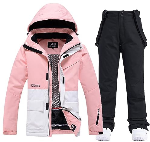 ALSOGO Tuta da sci da donna, set giacca e pantaloni da neve, 2 pezzi, impermeabile, calda, giacca invernale con cappuccio rimovibile per sciare, fare snowboard, giacca da neve, pantaloni da neve, L
