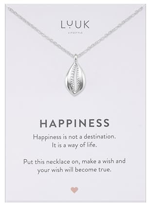 LUUK LIFESTYLE Collana con ciondolo piccola conchiglia e acciaio inossidabile (50cm), con carta HAPPINESS, gioielli moderno, portafortuna, idea regali donna, lei, compleanno, argento