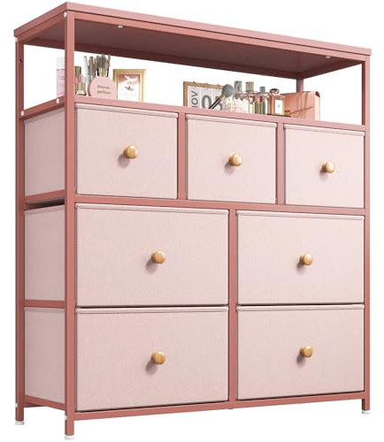 EnHomee Chest of Drawers, Pink Dresser with 7 Fabric Drawers for Girls, Tall Chest of Drawers Bedroom with Sturdy Steel Frame and 2 Layer Wooden Top for Wardrobe, Living Room, Closet, Pink
