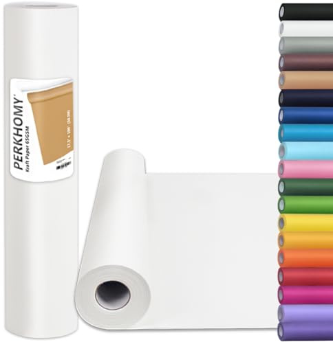 PerkHomy White Kraft Paper Roll 17.5 x 1,200 (100') for Gift Wrapping Bulletin Board Craft Art Bouquet Flower Packing Moving Shipping Floor Covering Table 70GSM 50LB (White, 17.5 x 100')
