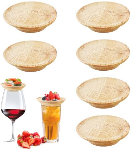SLAKOZYT 6 adornos de madera para copas de vino, decoración para copas de vino redondas, decoración de bambú para postres, bebidas, decoración para cenas familiares, accesorios de fiesta