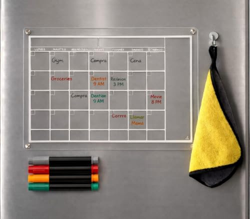 toots - Calendario Magnético para Nevera Acrílico Transparente A3 (42x30 cm), Planificador Mensual Reutilizable con 4 Marcadores de Colores y Paño con Gancho Magnético, Organizador de Cocina