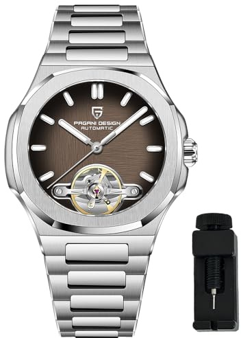 Montre Homme Pagani Design, PD-YS025, Automatique, Tourbillon Squelette, Mouvement mécanique d'entreprise, Verre Saphir Sport, Bracelet en Acier Inoxydable, boîtier 42 mm (PD-YS025Marron)