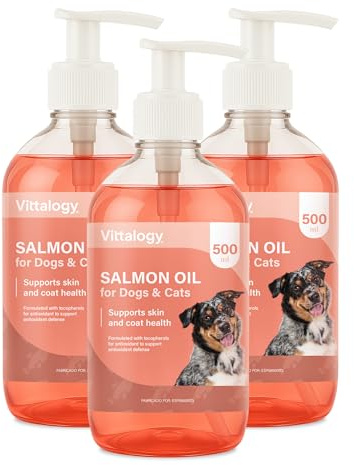 VITTALOGY Aceite de Salmón para Perros y Gatos. Suplemento Natural Rico en Omega 3 EPA y DHA. Antiinflamatorio. Mejora Piel, Pelo y Articulaciones Refuerza Inmunidad y Salud Cardiovascular (3 Botes)