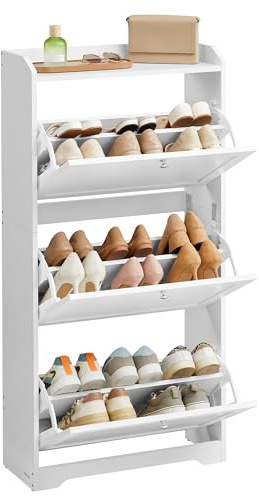 VASAGLE Armario Zapatero con 3 Solapas, Zapatero, Zapatero, Estante Superior, Divisor Ajustable, para hasta 12-20 Pares de Zapatos, Pasillo, 24 x 60 x 121,2 cm, Color Blanco Nube LBC036WB01