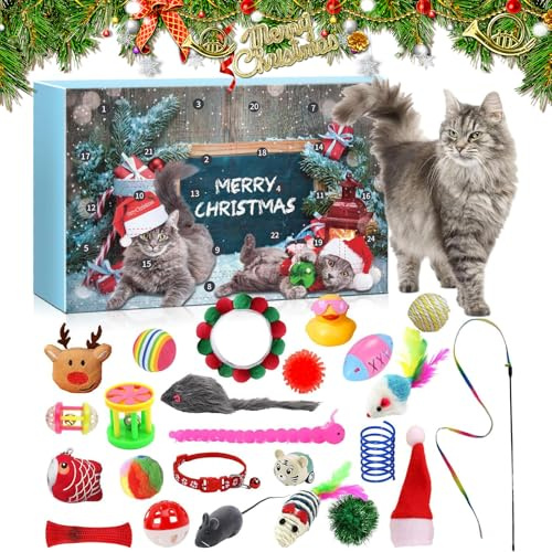 Calendrier de l'Avent pour Chats,Jouets de Noël avec Jouet à l'Herbe à Chat,Souris,Calendrier de Compte à Rebours de 24 Jours avec Jouets pour Chat,Cadeaux de Noël pour les Amoureux des Chats