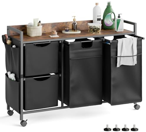 Mondeer Panier à Linge avec Compartiments, Trieur de Linge avec roulettes, Panier à Linge avec Poches Latérales, Doublures Amovibles et Couvercle Extensible, pour Chambre et Salle de Bain (150L)