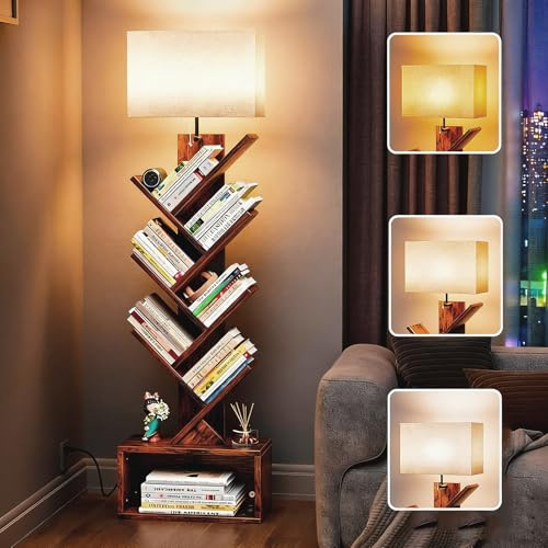 FROIDEXG Lampade da libreria moderna a forma di scala in legno dimmerabile luci a forma di albero illuminazione a LED per libreria marrone libreria con mobiletto angolare lampada da terra per soggiorn