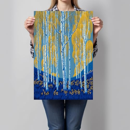 DLERFLOVR Canvas Wall Art for Living Room Bedroom Birch Forest Canvas Picture Linoleum Prints Wall Decor for Hallway Dining Room Stair Artwork Decorations - 16L x 12W, Yellow Blue