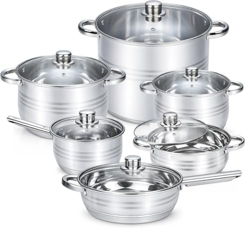 HOMSMYTH 12 Pcs Stainless Steel Pots and Pans Set - Induction Compatible Cooking Pots & Pans with Glass Lids - Casserole, Frypan, Saucepan, and Stockpot Set Dishwasher Safe Kitchen Cookware Set