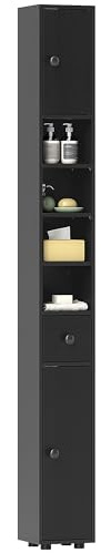 kleankin Armario de Baño Alto, Columna de Baño Estrecha con 1 Cajón, 4 Estantes Abiertos y Estantes Ajustables, 2 Puertas, Estilo Moderno, para Espacios Pequeños, 20x20x180 cm, Negro