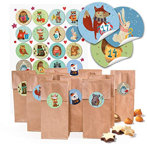 Lot de 24 petits sacs en papier brun avec insert en parergamine 7 x 4 x 20,5 cm + 1 à 24 chiffres autocollants Advent pour l'hiver, les animaux de Noël