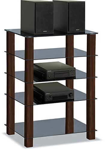 Centurion Supports TRINITY Gloss Black 5 Shelf with Walnut Legs Flat Screen TV Rack Glass Stand