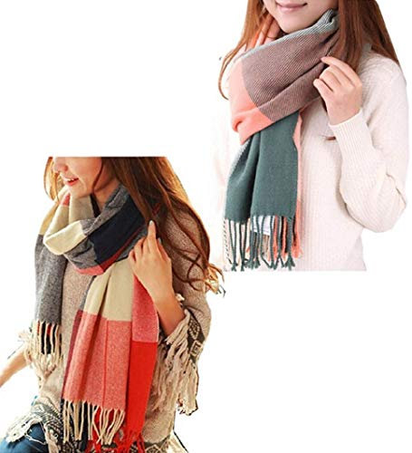 heekpek Damen Kariert Oversized Kaschmir Schal Lange Winterschal Weich Wraps Groß Karo Fransen Schal Warm Schal für Herbst Winter, 2St A