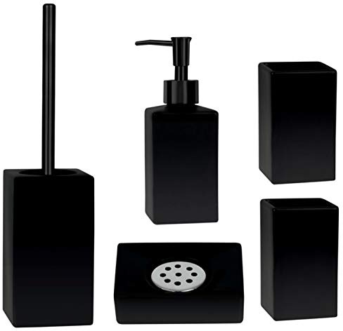 Spirella Set de 5 accessoires de salle de bain en grès - Distributeur de savon Quadro - Brosse WC, porte-savon et 2 gobelets à brosse à dents - Noir mat