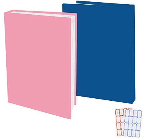 2 Pack Stretchable Book Sleeve Covers, for Paperbacks Hardcover Textbooks up to 9 x 12, Office Supplies with Free Sticker Labels (2 Pack, Pink + Blue)