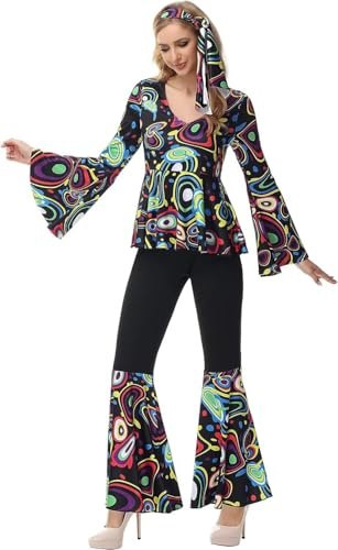 Jutrisujo Déguisement Année 80 Deguisement Disco Robe Femme Hippie 60, 70, 90 Costume Remme Robe Vetement Halloween Carnaval Grande Taille Noir L