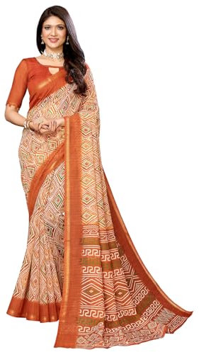KULIA® Sari de créateur avec chemisier non cousu Tenue de soirée ethnique de feu Jari Border Linen Blend Orange Desinger Sari Tenue indienne Sari pour femme Robe traditionnelle Sari hindou Cadeaux