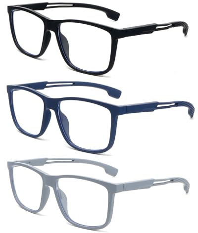 KoKoBin Occhiali da lettura alla moda per uomini e donne, ultra leggeri e flessibili con lettori anti luce blu e cerniera a molla (3 Pack(Nero, Blu, Grigio), 1, Diottria)