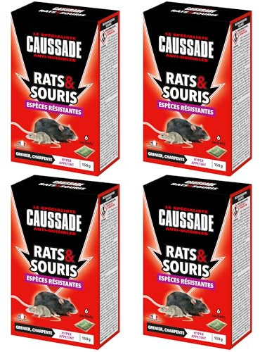 Caussade Anti Rats & Souris - Espèces résistantes - Lieux Secs - 24 Sachets Céréales - Prêt à l'emploi - Une Ingestion Suffit - Fabriqué en France - 4x150g CARSCBR150X4