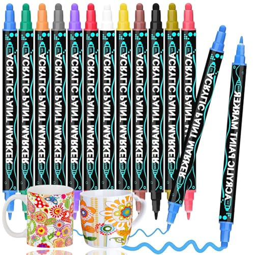 AMSNINK Lápices de porcelana aptos para lavavajillas, 12 colores, rotuladores acrílicos de doble punta, juego de pintura de cerámica para platos, vasos y tazas, ideal para proyectos de bricolaje y