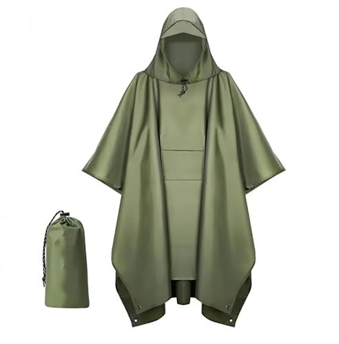 Poncho Waterproof Adult, 3-in-1 reusable Rain Poncho Adult Waterproof with Hood, Thickened PU Waterproof Coating Raincoat, For Cycling, Hiking and Outdoor Activities (Green)