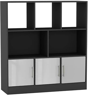 URBNLIVING Estantería asimétrica negra de 8 cubos, estantería de almacenamiento independiente con 3 puertas, puertas brillantes, color blanco
