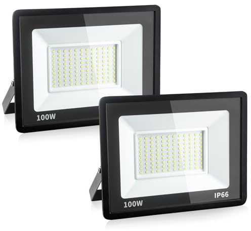 Rravdst 100W LED Floodlight Outdoor, 10800LM Super Bright LED Security Lights, IP66 Waterproof, 6000K Daylight White Flood Lights Wall Light for Warehouse, Garage, Backyard, 2 Pack