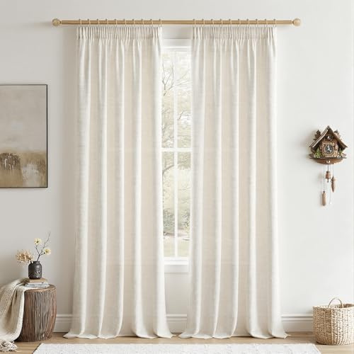 CUTEWIND Cortinas Dormitorio Lino Blanco Marfil Cortina Infantil Cortina Cocina 2 Piezas Cortinas con Ganchos para Riel 140cm Ancho x 245cm Alto, Cortina Translucida Moderna para Casa