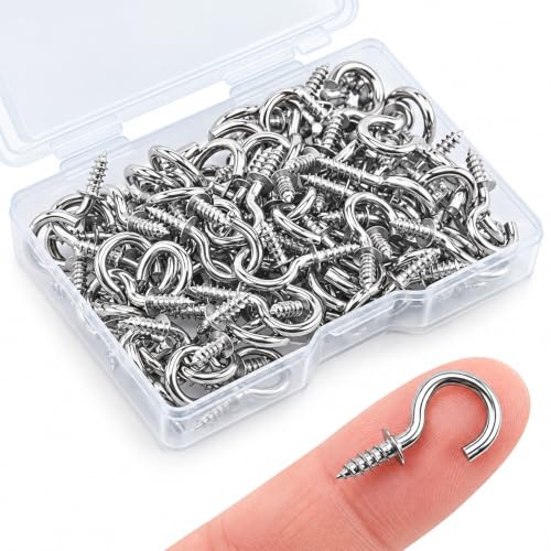 KINGLAKE 100 Pcs 1/2 Inch Small Screw in Hooks, Silver Mini Wall Ceiling Hook for Wood, Under Cupboard, Cabinet Shelf, Hanging Key, Fairy Lamp and Christmas Light