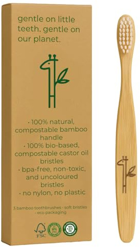 Spazzolino da Denti in Bambù naturale per Bambini - Confezione da 3 | Setole Morbide 100% Bio-Based | Senza Plastica e Biodegradabile | Senza Nylon | Eco-Friendly | Certificato BPA free FSC,TÜV,FDA,CE