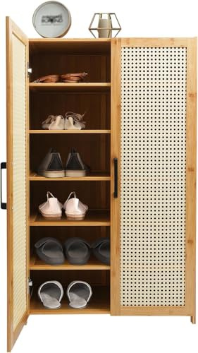WINZING - Armario para zapatos, de bambú, 6 compartimentos, muy resistente, con puertas, para pasillo, salón, dormitorio, ventilado, ajustable, 60 x 33 x 100 cm