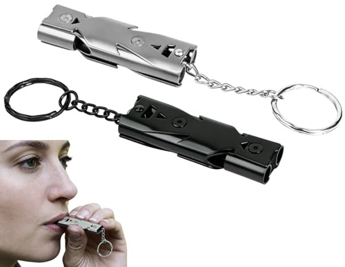 2 Pièces Sifflet de Survie en Métal 150dB – Sifflet d'Urgence Extérieur en Acier Inoxydable avec Porte‑Clés, Sifflet de Signal Puissant pour Camping, Randonnée, Arbitre et Protection Personnelle