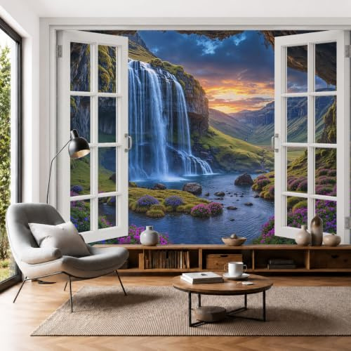Mural de Pared Panorámico Cascada Valle Al Atardecer, 250x175cm Papel Pintado de Fotografía Paisaje Natural Papel Tapiz Fotomural 3D Decoración para Salón Dormitorio Tv Pared, Azul Naranja