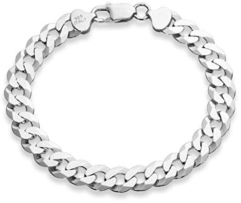 Miabella Italian 925 Sterling Silver Solid 9mm Diamond-Cut Cuban Link Curb Chain Bracelet for Men, Made in Italy (Length 8 Inches)