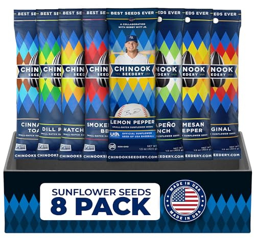 Chinook Seedery Roasted Sunflower Seeds to Eat - 8 Flavor Sampler Pack 1.5 oz (Pack of 8) Jumbo Low Sodium Sunflower Seeds Keto Snacks - Adventure, Baseball, School Snacks -Gluten Free, Non GMO Snacks