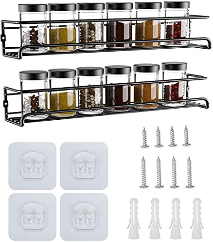 YunNasi Étagère à Épices Mural en Acier Inoxydable Porte Épices de Cuisine Adhésif sans Perçage Idéal pour 12/24 Bocaux à Épices Organisateur d'Épices 29X6X6cm (Noir, Ensemble 2 pièces)