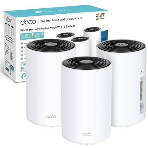 TP-Link Deco PX50(3-pack) AX3000Mbps + G1500 Powerline Mesh WiFi 6 System, Dual-Band WiFi Extender Booster, 3x Fast Gigabit Ports, AI-Driven Mesh, Cover up to 6,500 ft², Connect up to 150 devices