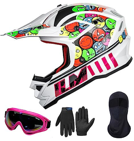 ILM Kinder Motorradhelm Fullface Helm MTB Downhill Dirt Bike Motocross Kinderfahrradreithelm mit Brille Maske Handschuhe Junge und Mädchen ECE22.06 Model Z705,Bubblegum,L