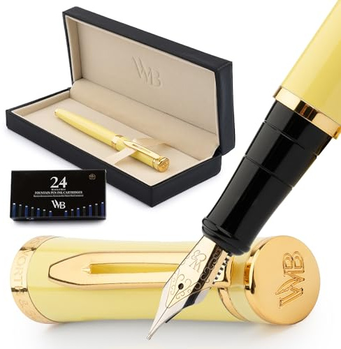 Wordsworth & Black Fountain Pen Set, 18K Gilded Medium Nib, Includes 24 Pack Ink Cartridges, Ink Refill Converter & Gift Box, Gold Finish, Calligraphy, [Yellow], Perfect for Men & Women