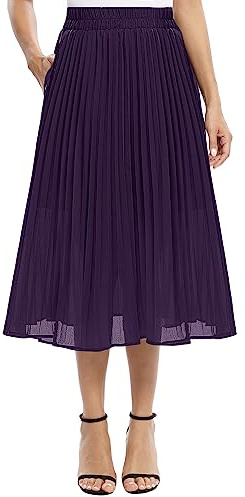 EXCHIC Women's Casual Chiffon Elastic Waist A-Line Pleated Midi Skirt with Pocket(M, Deep Purple)
