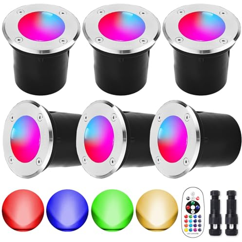 ELEGLO Low Voltage RGB Landscape Lights,Color Changing Outdoor In-Ground Light with Connectors RGB Well Lights 12-24V Landscape Lighting for Outdoor Christmas (RGBW 6 Pack)