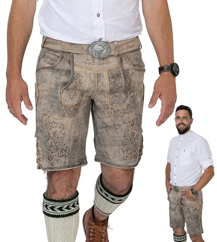 Schöneberger Trachten Couture Pantalones de piel para hombre, pantalones de piel de nobuck originales para Oktoberfest, pantalones de piel para traje regional, Arena Manchada (Marrón), 54