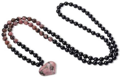 COAI Collana Cuore Donna Pietre Naturali, Collana Perle Mala 108 Grani in Onice e Rodonite Annodate a Mano e Ciondolo Cuore di Rodonite