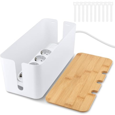 QOUBNIC Boîte De Rangement pour Câbles, Cache Cable Boite Rangement Cable avec Couvercle en Bambou, Cache Prise Electrique pour Organiser Les Câbles Et Les Dissimuler (Blanc)