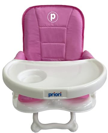 Priori Baby London Trona Portátil Plegable para Bebé con Patas Rebatibles – Asiento Elevador para Comer con Arnés de 3 Puntos, Correas de Seguridad Funda Lavable Ligera para Viaje, Hasta 15 kg (Rosa)