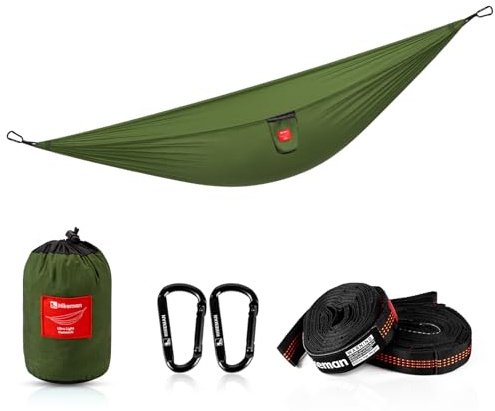 Utomhus hängmatta nylon camping resehängmatta – ultralätt resa hängmatta med två trädremmar, 270 x 145 cm för camping backpacking vandring picknick trädgård strand (grön)