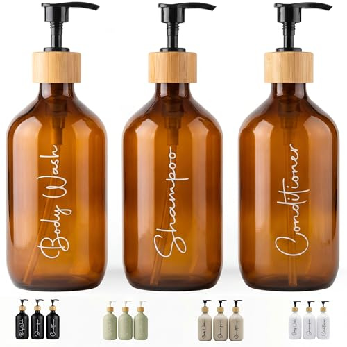 FCINNOVA Dispensador Jabon Baño Ambar 500ml Set de 3 Botes para Gel y Champu Acondicionador Embudo para Rellenado Este Dosificador Jabon Baño es Elegante practico y mantendra su Ducha ordenada