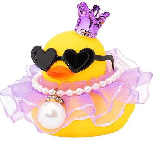 Yamobi Gummiente Badeente, Ornamento de Pato de Goma para automóvil con Mini Corona, Vestido, Collar de Perlas y Gafas de Sol, Ideal para diversión en el baño y decoración de automóviles